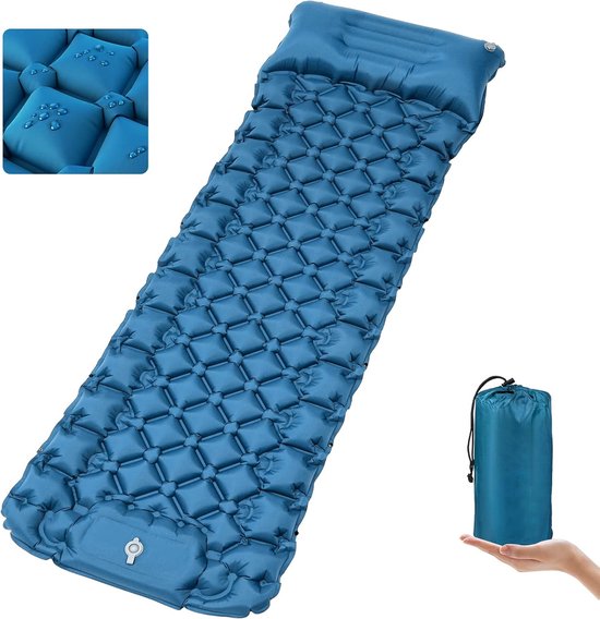 Zelfopblazend slaapmatje, 9 cm verdikte luchtmatras voor kamperen met voetpomp en kussen, draagbaar ultralicht slaapmatje, kampeermatras, opblaasbare matras, geschikt voor buitenactiviteiten zoals wandelen. van Merkloos