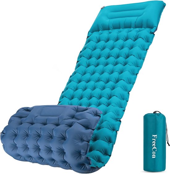 Zelfopblazend slaapmatje, opblaasbaar matras, lichtgewicht slaapmatje, eenpersoons luchtbed met kussen voor volwassenen, backpacken, wandelen, vloer, strand (blauw + turkoois, 10 cm) van Merkloos