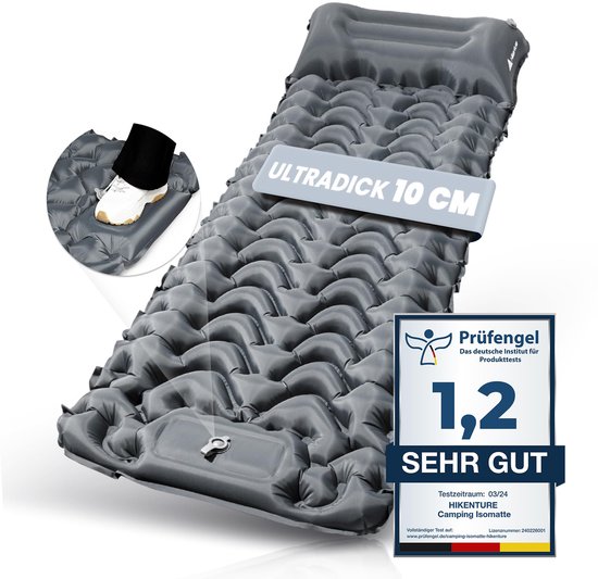Zelfopblazend Slaapmatras 10 cm - Opblaasbare Campingmat met Voetpomp - Compact Opvouwbaar - Grijs - Voor Kamperen, Wandelen, Trekking & Tent