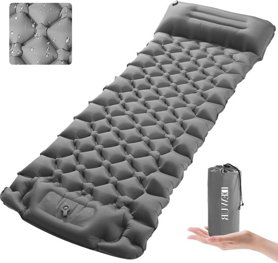 Zelfopblazende campingmat - 10 cm dik - ultralicht - outdoor - opblaasbaar - luchtmatras - campingmat met kussen - voetpomp - grijs van Merkloos