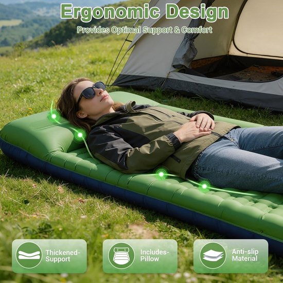 Zelfopblazende Campingmat - Groen en Blauw - Standaardversie - Licht en Praktisch - Voor Eenpersoonsbed