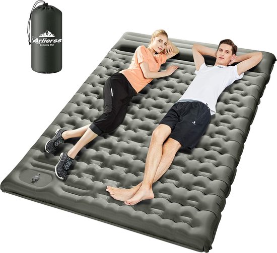 Zelfopblazende campingslaapmat, slaapmat voor 2 personen, 200 x 140 cm met ingebouwde pomp, verdikte buitenslaapmat met kussen voor wandelen, outdoor, reizen, wandelen, strand legergroen van Merkloos