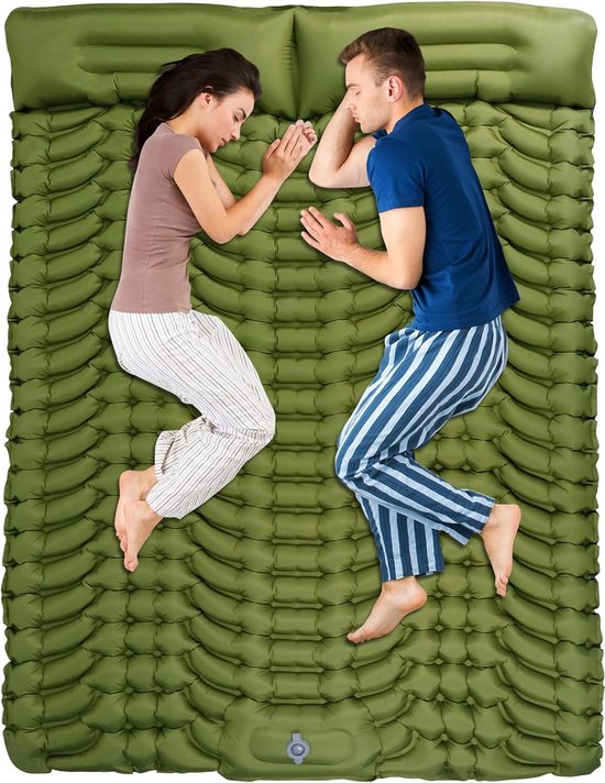 Zelfopblazende campingslaapmat voor 2 personen, ultralicht luchtbed met geïntegreerd kussen, voetperspomp, klein pakformaat opblaasbaar matras, opvouwbaar kampeermatras