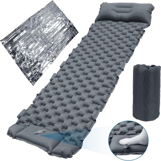 Zelfopblazende campingslaapmat Zelfopblazend met voetperspomp Draagbare campingmatras Luchtslaapmat voor kamperen met geïntegreerd kussen met premium reddingsdekens van Merkloos