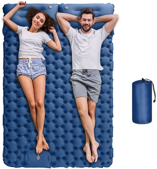 Zelfopblazende Isomat 2 Personen 196x125x9cm – Campingmat Slaapmat Luchtmatras met Voetperspomp & 2 Kussens – Waterdicht 20D Nylon TPU Coating – Outdoor Camping Festival Wandelen Trekking Strand – Ultralicht 1.6kg – Donkerblauw Navy