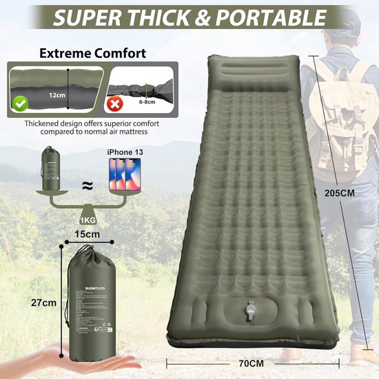 Zelfopblazende Slaapmat 12 cm - Compact en Waterdicht Luchtbed met Ingebouwde Voetpomp en Kussen voor Kamperen, Wandelen en Trekking