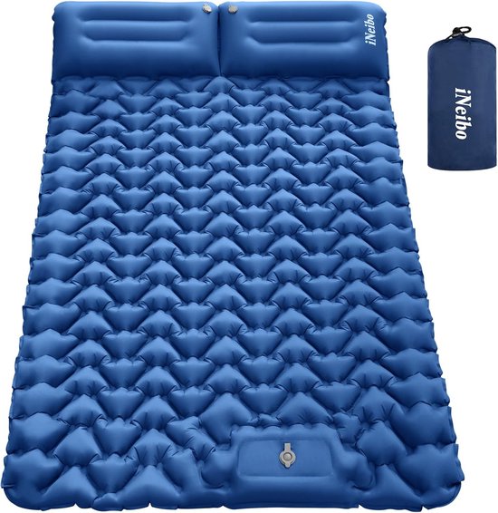 Zelfopblazende slaapmat, 2 personen, luchtmatras voor buiten, zelfopblazend met voetperspomp en kussen, campingmatras voor 2 personen, voor buiten, wandelen, strand en kamperen, blauw van Merkloos