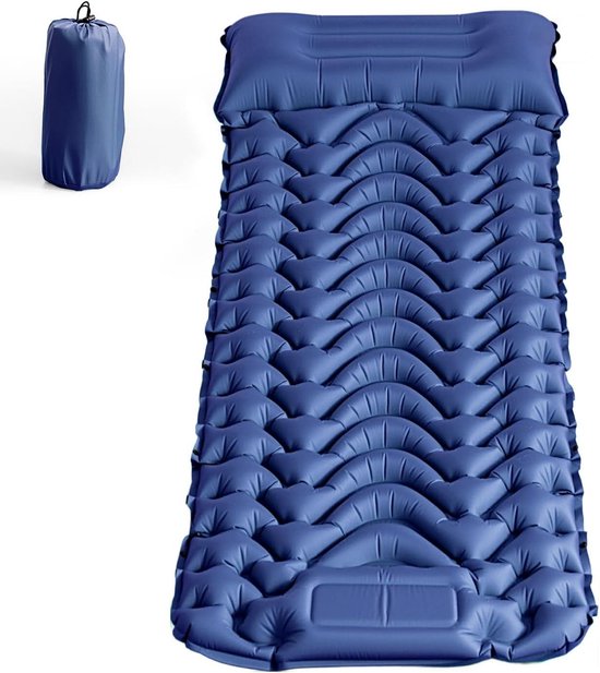 Zelfopblazende slaapmat - Kampeer matras - Outdoor slapen - Geïntegreerd hoofdkussen - 8 cm dik - Marineblauw