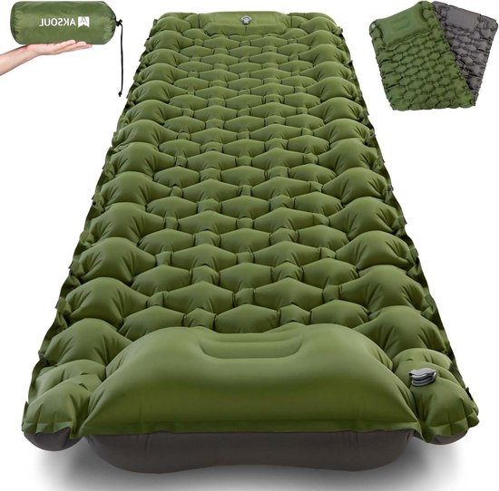 Zelfopblazende Slaapmat - Luchtbed Kamperen - Comfortabel Slapen - Ingebouwde Voetpomp - 200x70x10 cm - Legergroen