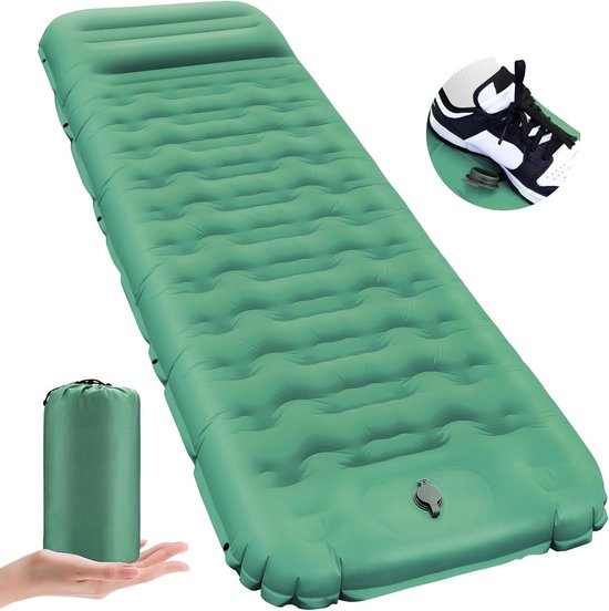Zelfopblazende Slaapmat - Luchtbed Kamperen - Outdoor Slapen - Voetpomp 12cm Dik - 195x64cm - Groen