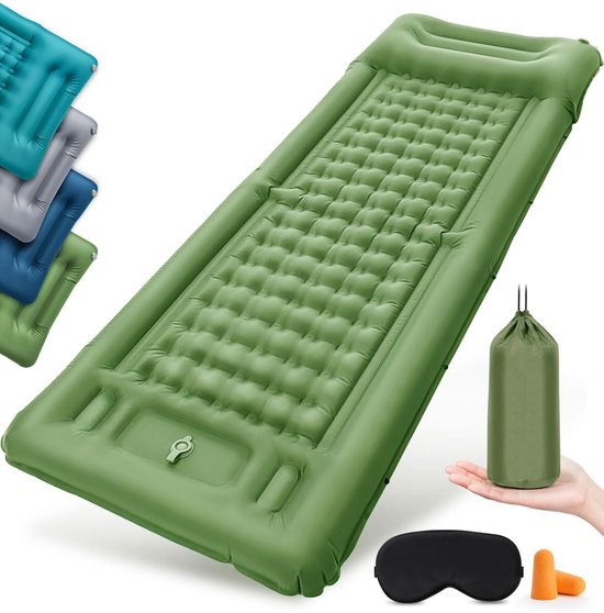 Zelfopblazende Slaapmat met Geïntegreerd Kussen en Voetpomp - Luchtbed voor Kamperen, Wandelen, Strand en Picknicks - Enkel - Olijfgroen van Merkloos