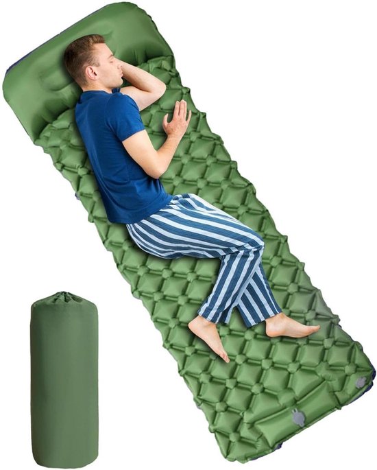 Zelfopblazende Slaapmat - Reis luchtbed - Kamperen en wandelen - Geïntegreerde pomp - 190 x 60 cm - Legergroen