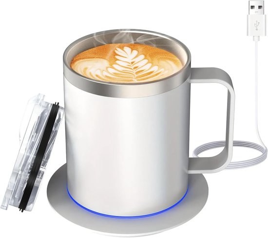 Zelfverwarmende koffiemokverwarmer, slimme mok van 350 ml met automatische uitschakeling, USB-oplaadbare verwarmde koffiemok met deksel, geschikt voor op reis/kantoor/thuis.