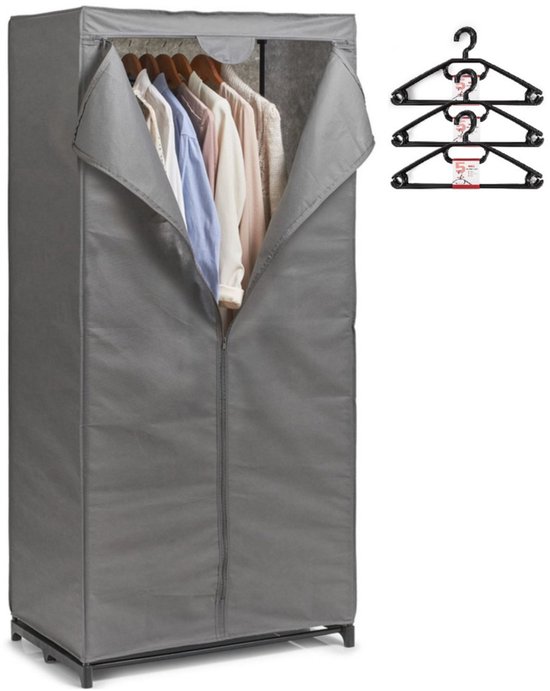 Zeller Mobiele kledingkast met 15x kleding hangers - enkele stang - kunststof - grijs - 50 x 160 x 75 cm