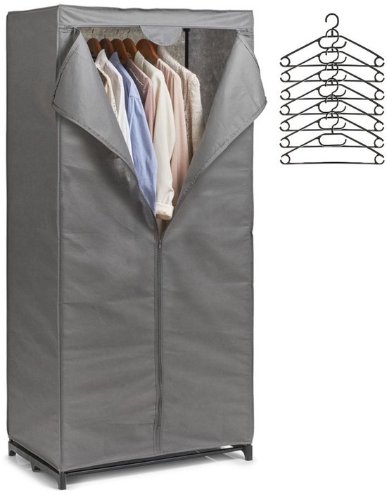 Zeller Mobiele kledingkast met 20x kleding hangers - enkele stang - kunststof - grijs - 160 x 75 x 50 cm