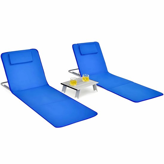 Zenzee Strandstoel - Set van 2 - Met klaptafel – Blauw – Ligbed – Zonnebed – Strandmat met rugleuning – Afneembare hoofdkussens van Merkloos