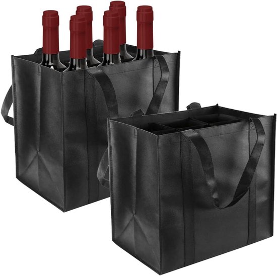 Zeynomax - Voor Pack van 2 Flessentassen 6 Flessen 27 cm x 18 cm x 27 cm Flessentas voor 1.5 Liter Wijnflessen Niet-Geweven Stof Flessendrager 6 Vakken Flessentas voor Feest Kamperen Reizen Picknicks (Zwart) van Merkloos