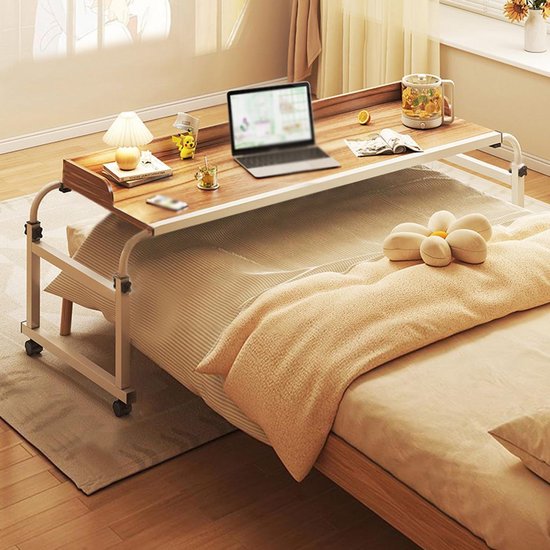 Ziekenhuisbedtafel - Bureau op wielen - Werken en eten - Verstelbare breedte en hoogte - 115-210 cm breed - Houtkleur