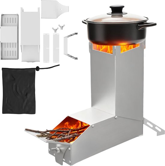Zilver Stalen Raketoven, Outdoor Houtkachel met Afneembaar Bovenstaand Gemonteerd Dwarsframe voor Droge Potten, Campingbarbecues En Soeppanten, Draagbare Raketkooktoestel Voor Camping, Strand, Tuin van Merkloos