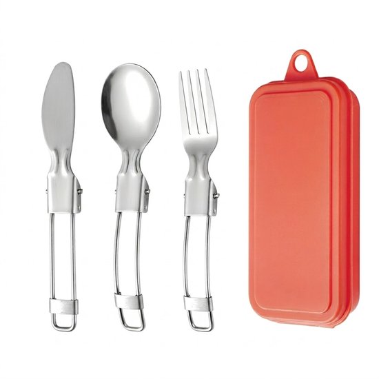 Zilverkleurig camping bestek dames en heren 3 delige opvouwbare RVS bestek set met mes vork lepel en groene opbergdoos draagbaar outdoor kampeerbestek voor reizen en picknick