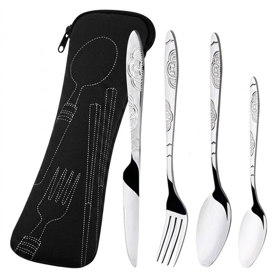 Zilverkleurig camping bestek dames en heren 4 delige RVS bestek set met mes vork lepels en opbergtas draagbaar tafelgerei voor kamperen reizen picknick en outdoor gebruik