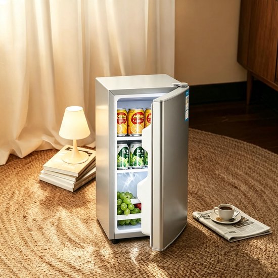 Zilverkleurige één‑deurs minikoelkast van 29 liter met alleen koelfunctie, energie‑efficiëntieklasse A, stil bedrijf van 38 decibel, afmetingen 55×40×39 cm, geschikt voor studentenkamers, kantoren en slaapkamers van learnlogic
