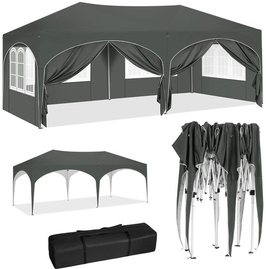 Zimoros Partytent 3x6 m Grijs – Pop-Up Feesttent met Easy-Up – Waterdicht & UV50+ – Metalen Frame – 6 Afneembare Zijwanden van Merkloos
