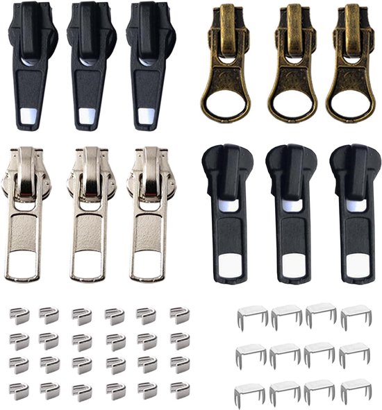 Zipper Reparatie Kit - Sliders en Trekkers - Kleding Repareren - Universeel #5 Formaat - 12 Stuks - Zwart Zilver Brons van Merkloos