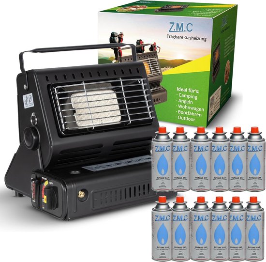 Z.M.C 2-in-1 draagbare gaskachel en gasfornuis + 12 gaspatronen 227 g, keramische campingkachel 1,7 kW, gaskachel voor buiten en terrassen, tuin & balkon, mobiele straalkachel met piëzo-ontsteking van Merkloos