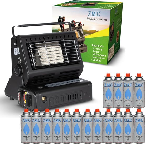 Z.M.C 2-in-1 draagbare gaskachel en gasfornuis + 16 gaspatronen 227 g, keramische campingkachel 1,7 kW, gaskachel voor buiten en terrassen, tuin & balkon, mobiele straalkachel met piëzo-ontsteking van Merkloos