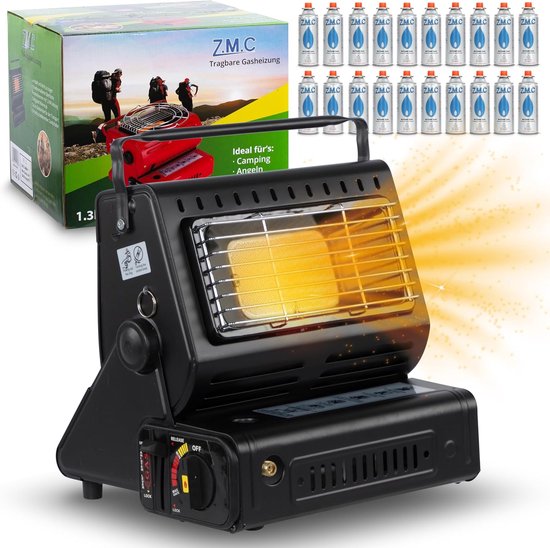 Z.M.C 2-in-1 draagbare gaskachel en gasfornuis + 20 gaspatronen 227 g, keramische campingkachel 1,7 kW, gaskachel voor buiten en terrassen, tuin & balkon, mobiele straalkachel met piëzo-ontsteking van Merkloos
