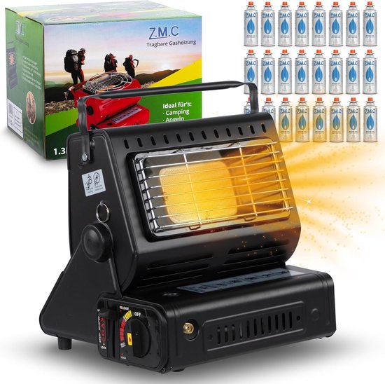 Z.M.C 2-in-1 draagbare gaskachel en gasfornuis + 24 gaspatronen 227 g, keramische campingkachel 1,7 kW, gaskachel voor buiten en terrassen, tuin & balkon, mobiele straalkachel met piëzo-ontsteking van Merkloos