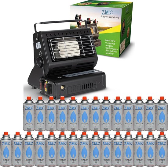 Z.M.C 2-in-1 draagbare gaskachel en gasfornuis + 28 gaspatronen 227 g, keramische campingkachel 1,7 kW, gaskachel voor buiten en terrassen, tuin & balkon, mobiele straalkachel met piëzo-ontsteking