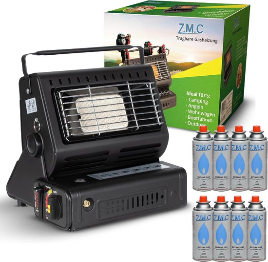 Z.M.C 2-in-1 draagbare gaskachel en gasfornuis + 8 gaspatronen 227 g, keramische campingkachel 1,7 kW, gaskachel voor buiten en terrassen, tuin & balkon, mobiele straalkachel met piëzo-ontsteking van Merkloos