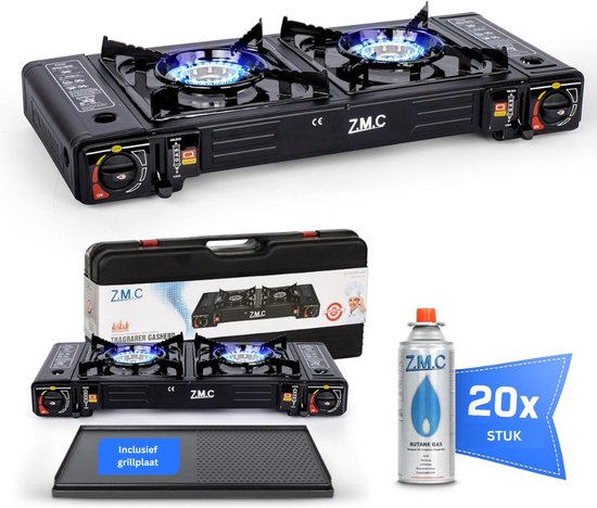 ZMC Campinggasfornuis 2-pits 2,5 kW incl. adapter voor LPG-aansluiting + opbergkoffer Campingfornuis set met gaspatronen en grillplaat naar keuze, met piëzo-ontsteking, voor buiten en binnen - Gasfornuis met 20 gaspatronen