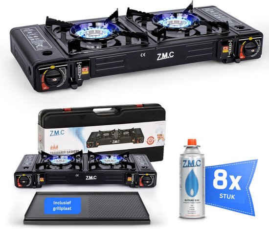 ZMC Campinggasfornuis 2-pits 2,5 kW incl. adapter voor LPG-aansluiting + opbergkoffer Campingfornuis set met gaspatronen en grillplaat naar keuze, met piëzo-ontsteking, voor buiten en binnen - Gasfornuis met 8 gaspatronen