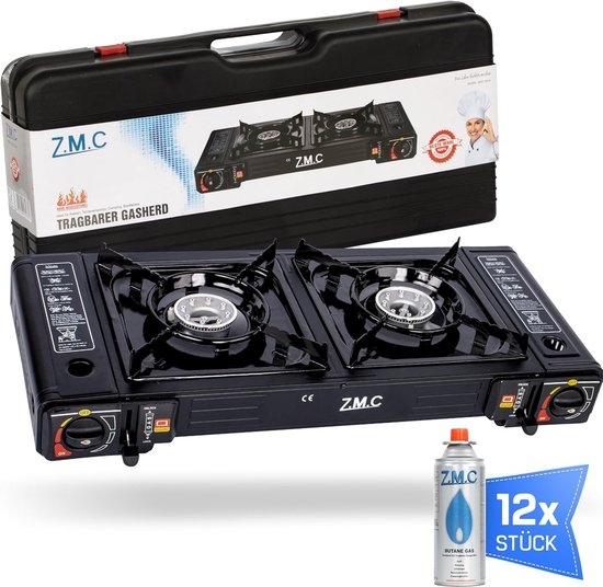 ZMC Campinggasfornuis 2-pits 2,5 kW incl. adapter voor LPG-aansluiting + opbergkoffer Campingfornuis set met gaspatronen en grillplaat naar keuze, met piëzo-ontsteking, voor buiten en binnen - Gasfornuizen zonder cartridges