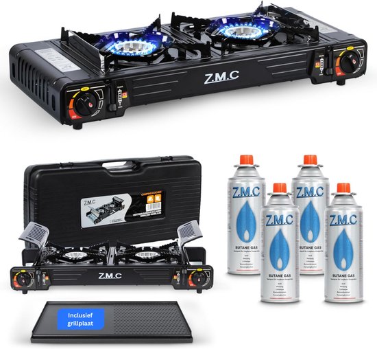 ZMC Campinggasfornuis 2-pits 2,5 kW incl. adapter voor LPG-aansluiting + opbergkoffer Campingfornuis set met gaspatronen en grillplaat naar keuze, met piëzo-ontsteking, voor buiten en binnen van Merkloos