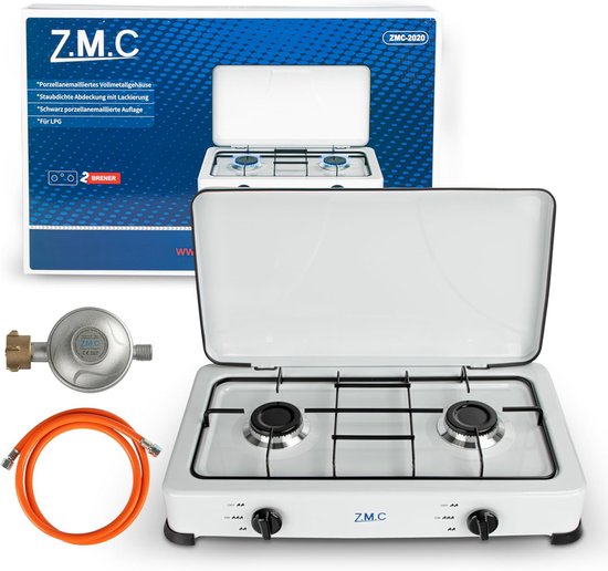 Z.M.C gasfornuis Campingfornuis 2-pits gasfornuis Kookplaat incl. slang + regelaar, voor propaan LPG-gasfles, 2,2 kW per brander, geschikt voor 30 mbar - 50 mbar, met afneembaar deksel, voor buitengebruik