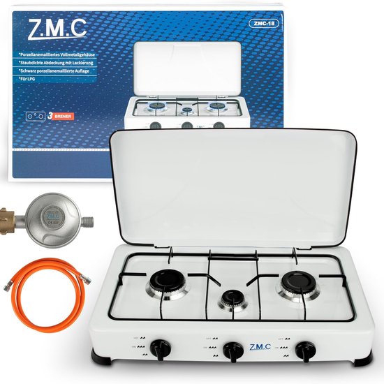 ZMC gasfornuis met 3 pitten, kampeerfornuis met slang en regelaar, voor propaangas LPG, 2x 2,2 kW + 1x 1,0 kW brander, fornuis met drie pitten voor buitenkamperen, 2-traps vlam, verbruik 393 g/u van Z.M.C