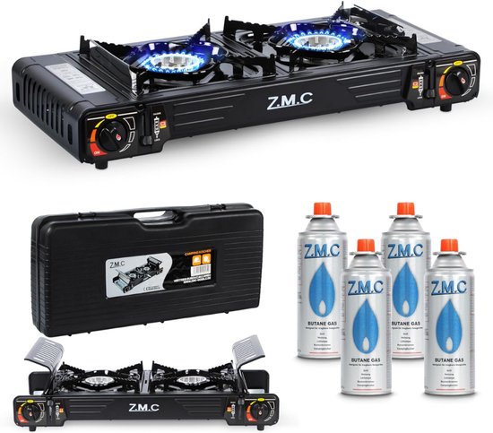 Z.M.C Premium campinggasfornuis met 2 pitten 45x24 cm + gaspatronen 227 g, campingfornuis met ontstekingsbeveiliging voor buiten en binnen, balkon tafel dubbel gasfornuis met piëzo-ontsteking van Merkloos