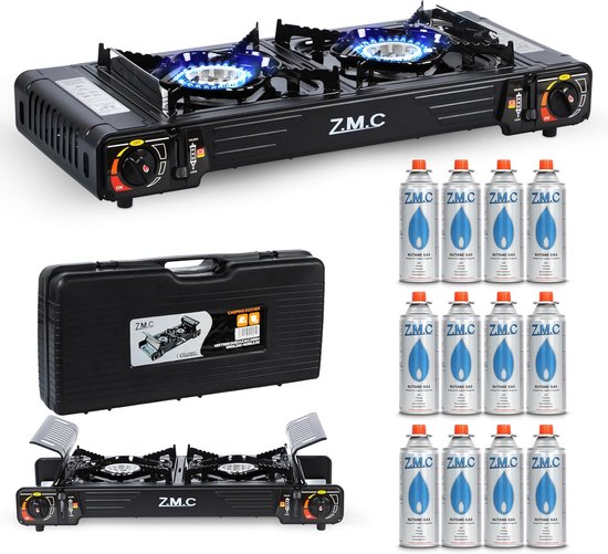Z.M.C Premium campinggasfornuis met 2 pitten + grillplaat 45x24 cm + gaspatronen 227 g, campingfornuis met ontstekingsbeveiliging voor buiten en binnen, balkon tafel dubbel gasfornuis met piëzo-ontsteking van Merkloos