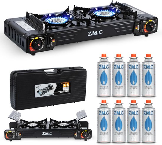 Z.M.C Premium campinggasfornuis met 2 pitten + grillplaat 45x24 cm + gaspatronen 227 g, campingfornuis met ontstekingsbeveiliging voor buiten en binnen, balkon tafel dubbel gasfornuis met piëzo-ontsteking van Z.M.C