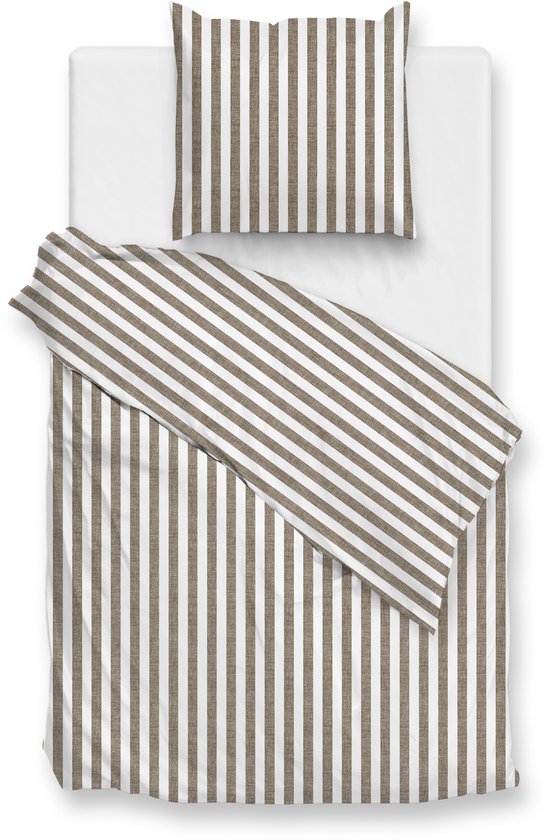 Zohome Dekbedovertrek Banda-di-Lino - Bedlinnen met Strepen - 140x220 - Taupe - Dekbedhoes van 100% Katoen