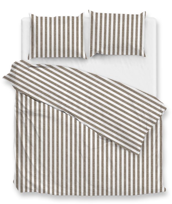 Zohome Dekbedovertrek Banda-di-Lino - Bedlinnen met Strepen - 200x200-220 cm - Taupe - Dekbedhoes van 100% Katoen