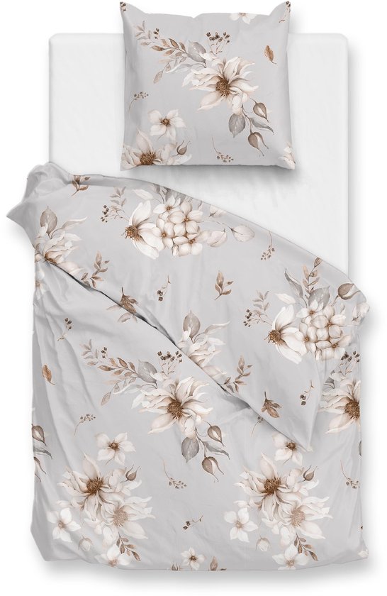 Zohome Elara Dekbedovertrek - Grijs - Eenpersoons - Dekbedhoes van 100% Katoen-Flanel - Bloemen - 140x220 + 1 sloop 60/70 cm - AW25