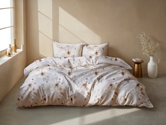 Zohome Elara Dekbedovertrek - Grijs - Lits-jumeaux - Dekbedhoes van 100% Katoen-Flanel - Bloemen - 260x220 + 2 slopen 60/70 cm - AW25