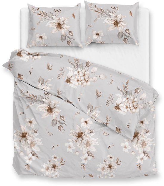 Zohome Elara Dekbedovertrek - Grijs - Tweepersoons - Dekbedhoes van 100% Katoen-Flanel - Bloemen - 200x220 + 2 slopen 60/70 cm - AW25