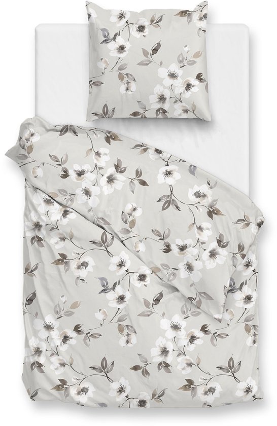 Zohome Ines Dekbedovertrek - Grijs - Eenpersoons - Dekbedhoes van 100% Katoen-Flanel - Bloemen - 140x220 + 1 sloop 60/70 cm - AW25 van Merkloos