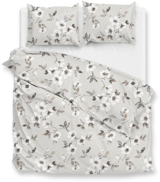Zohome Ines Dekbedovertrek - Grijs - Tweepersoons - Dekbedhoes van 100% Katoen-Flanel - Bloemen - 200x220 + 2 slopen 60/70 cm - AW25 van Merkloos